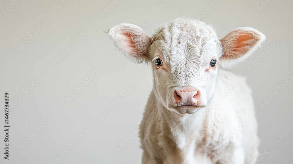 Obraz premium Adorable white baby calf with fluffy fur looking forward calmly indoors.