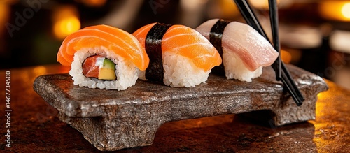 Fresh Sushi Varieties on Stone Plate with Chopsticks and Warm Light