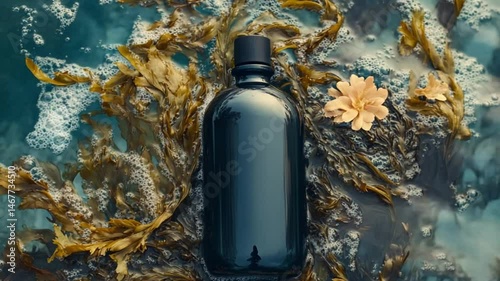 Oceanic Beauty: Dark Glass Bottle Amidst Seaweed and Foam
