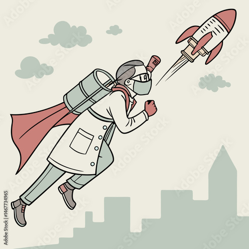 Cartoon doctor flying superhero-style with syringe as rocket pack