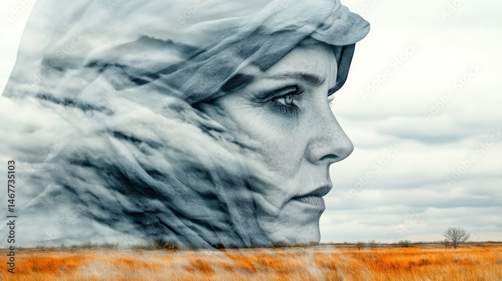Obraz premium A serene portrait of a woman with a flowing scarf against a cloudy sky