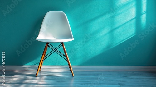 White chair sits against turquoise wall under light streaks