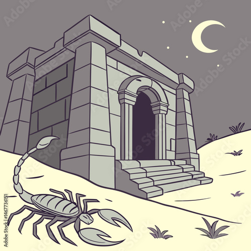 Desert temple entrance guarded by glowing mythical scorpions