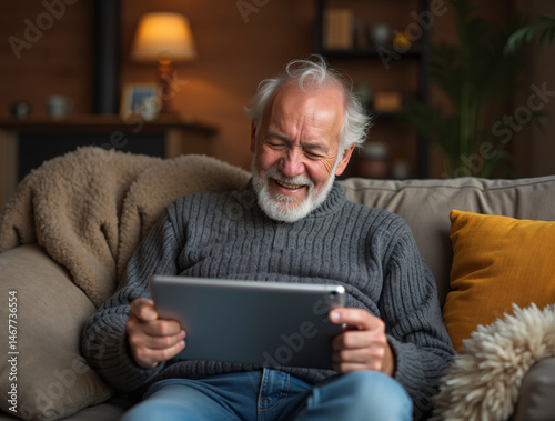 Senior Man Video Calling Family on Tablet – Elderly Technology Use at Home