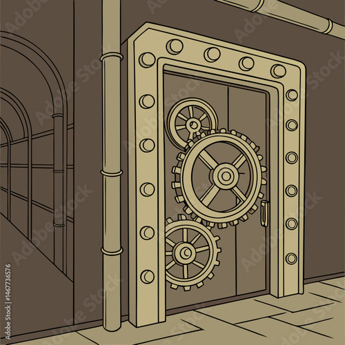 Steampunk iron door with gears, steam vents, and brass frame