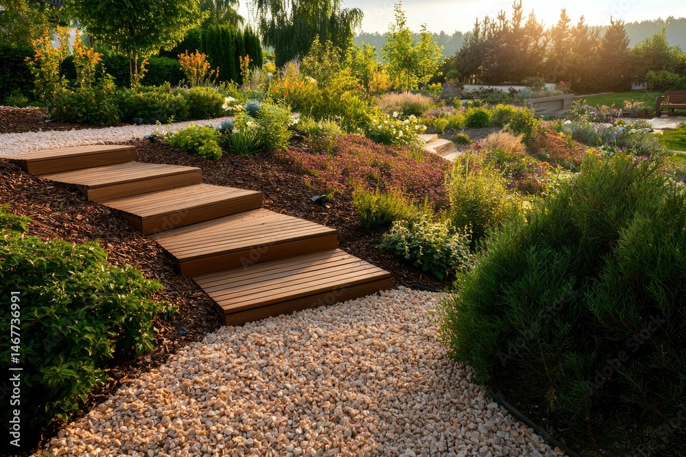 Obraz premium Garden steps, landscaping, sunset