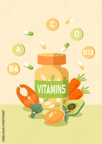 A jar of vitamins surrounded by fruit and salmon. an illustration on the theme of healthy living and a balanced diet. Vector