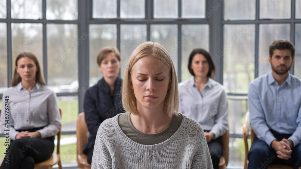 Obraz premium A contemplative blonde woman sits with her eyes closed in a group setting, surrounded by attentive individuals.