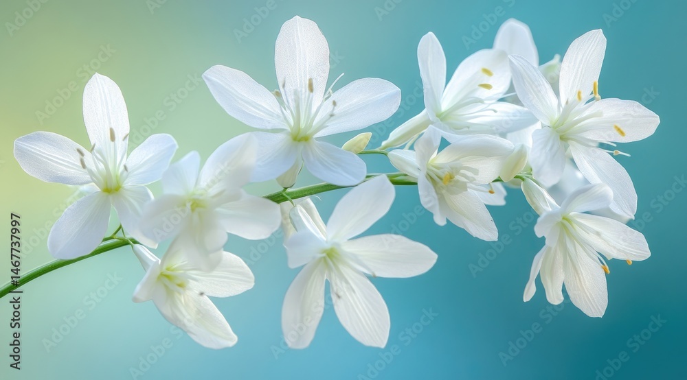 Fototapeta premium Delicate white blossoms on a graceful stem against a soft blue-green backdrop