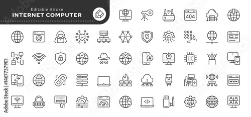 Internet computer line icon set. Network, online, server, website, web design, programming, software, hardware and more Outline vector icon in linear style. Series of pictograms.	