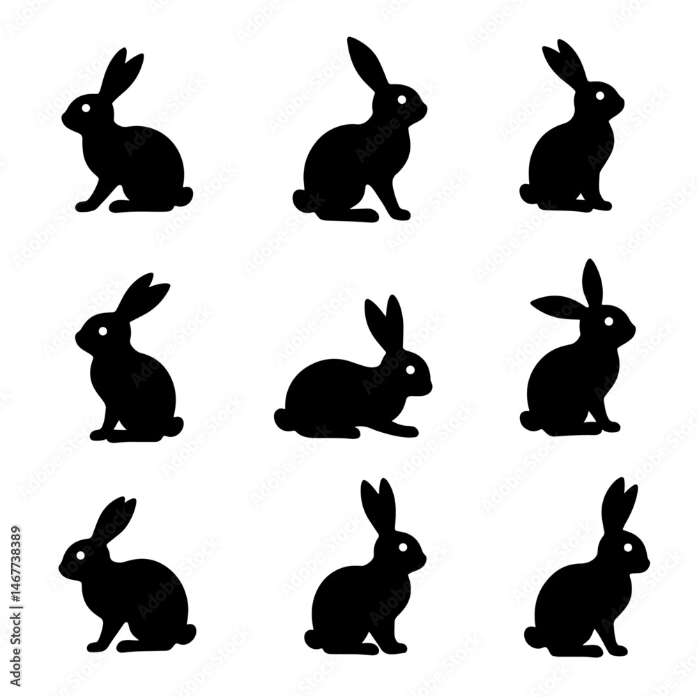 set of rabbits, Conjunto de coelho. Isolado em fundo branco. Silhuetas de coelho. Vetor.