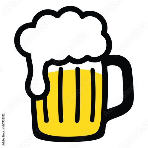 Frothy beer in a mug with a handle is depicted on a white backdrop