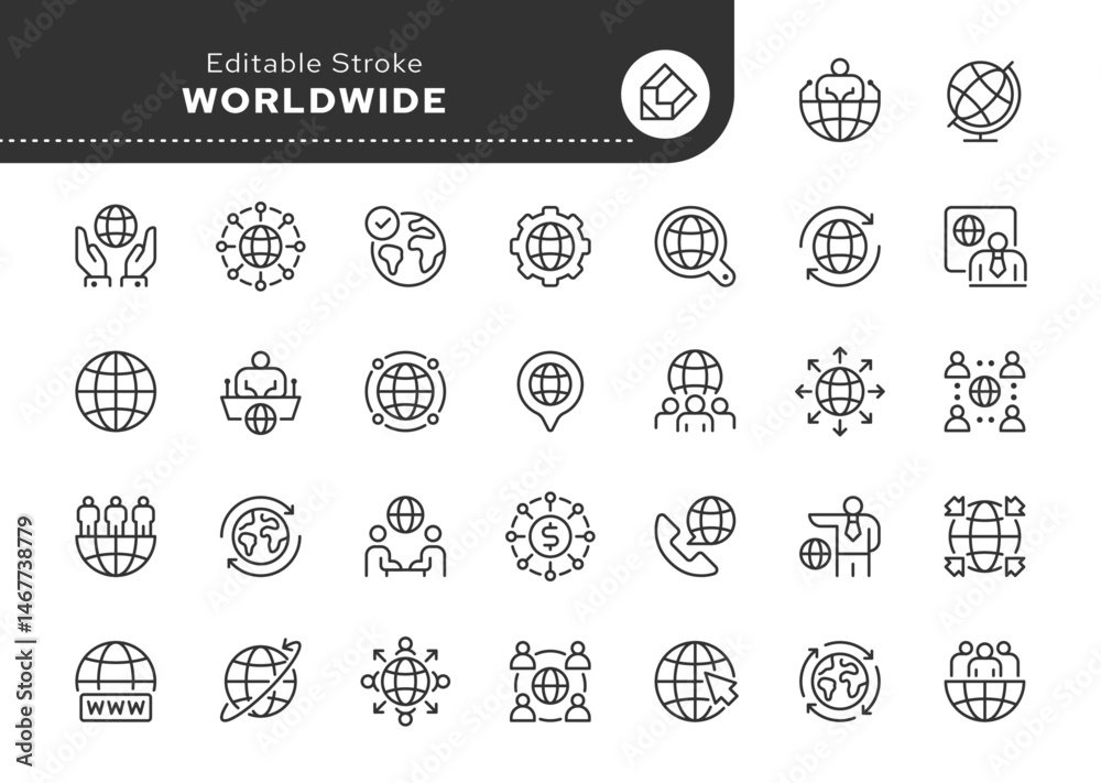 Worldwide line icon set. Earth, world, sphere, planet, population, global network and more. Outline vector icon in linear style. Series of pictograms.	