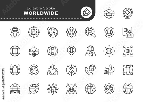 Worldwide line icon set. Earth, world, sphere, planet, population, global network and more. Outline vector icon in linear style. Series of pictograms.	