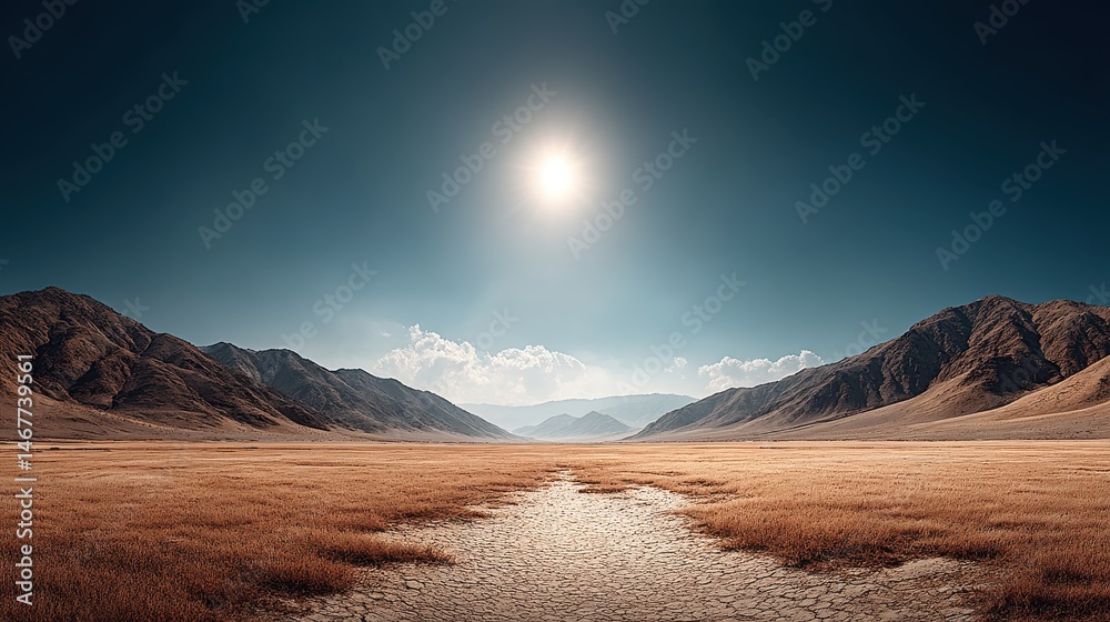 Obraz premium A barren, sunlit landscape with no shade in sight, the ground parched and the heat radiating from the earth under the intense hot weather
