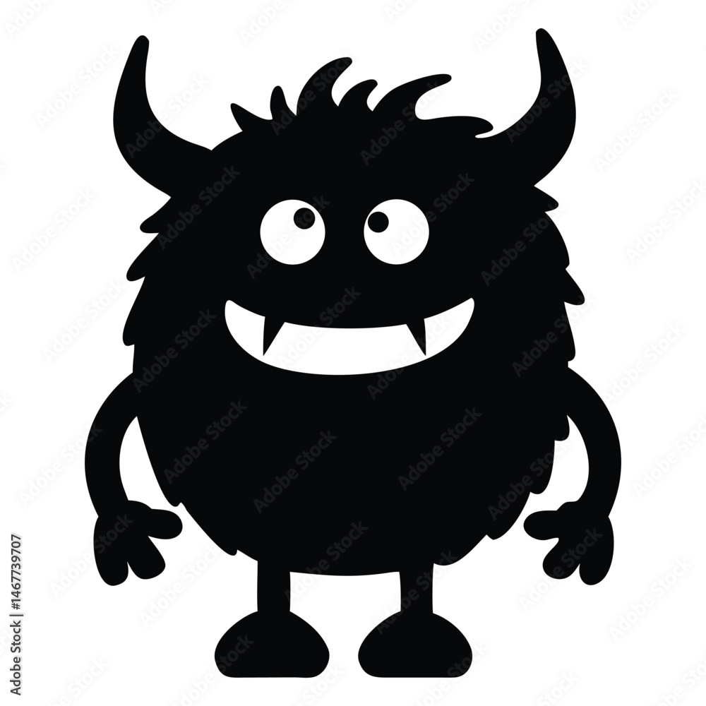 Happy horned monster shows two fangs while standing and smiling; it's a simple, cartoon character