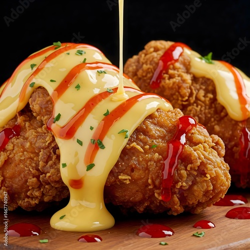 fried chicken with cheese sauce and chili sauce on top