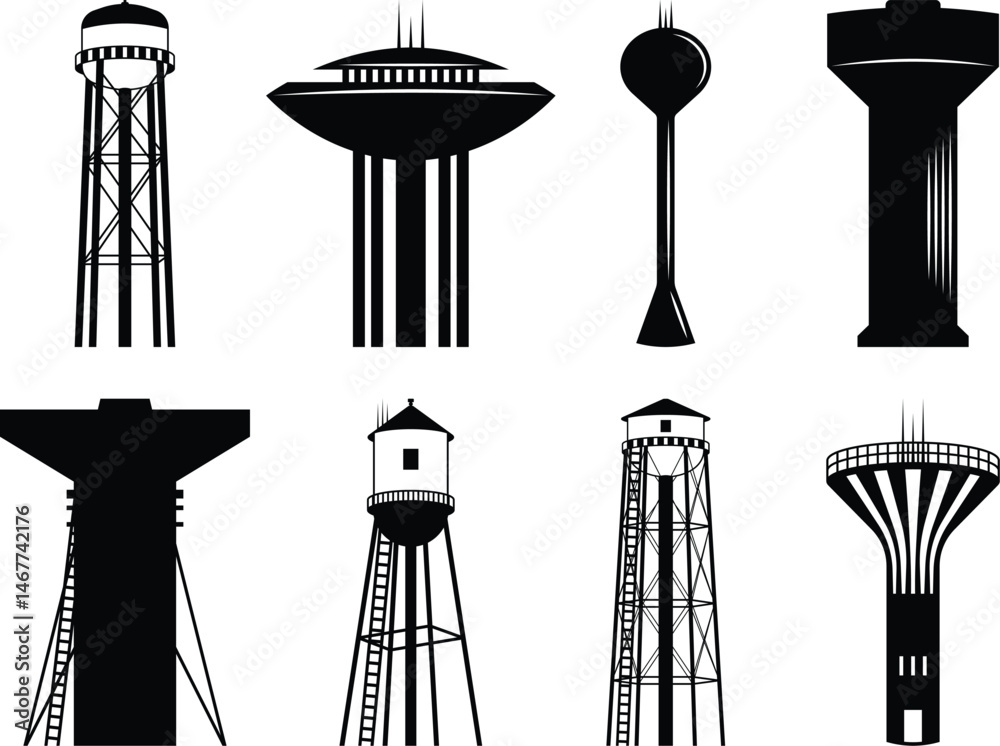 Fototapeta premium Water Tower Eps, Vector File Black and White