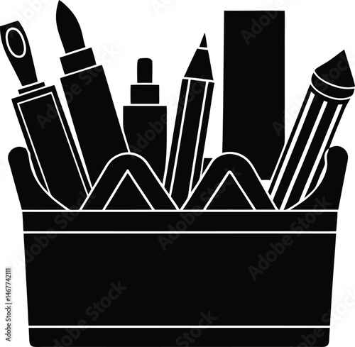 Black silhouette vector illustration of an art supplies organizer design with transparency