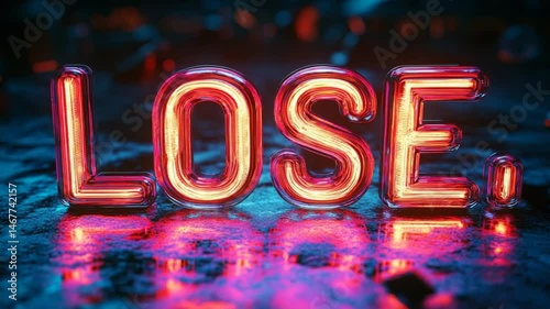 Neon Sign Lose: Digital Art, Loss, Failure, Despair, Gloomy, Dark, Abstract, Cyberpunk, Futuristic, Glowing Letters, Reflection,  Red and Blue Lights