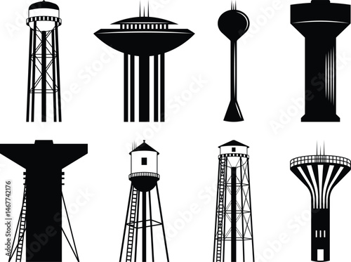 Water Tower Eps, Vector File Black and White