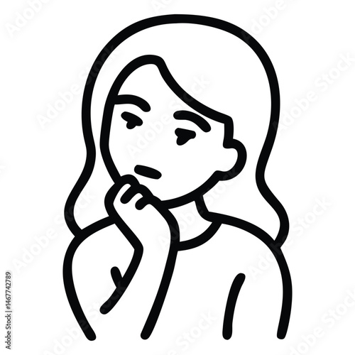 Line art depicts a thoughtful woman resting her face on her hand