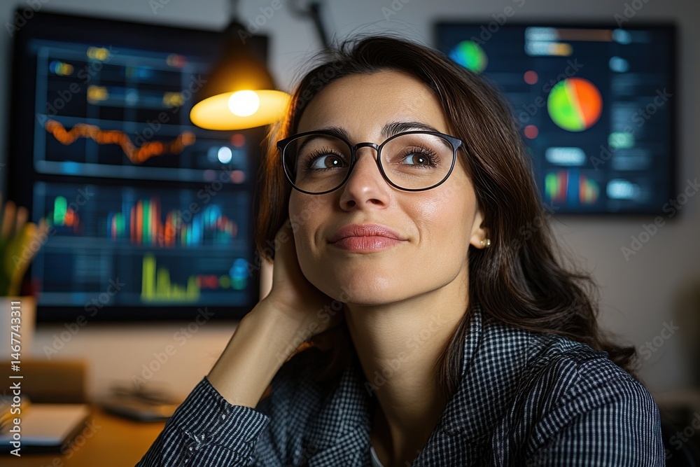 Thoughtful Woman in Glasses with Digital Charts and Graphs Background Thoughtful Woman in Glasses with Digital Charts and Graphs Background