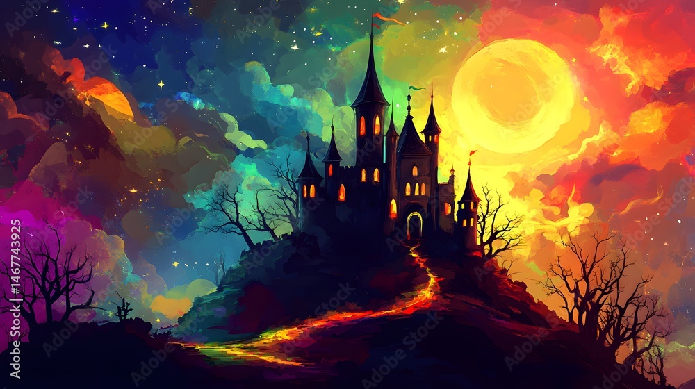 Digital illustration of a dark castle atop a hill, illuminated by a large moon and surrounded by vibrant, swirling... Digital illustration of a dark castle atop a hill, illuminated by a large moon and surrounded by vibrant, swirling...