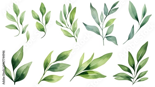 Professional green tea leaves set logo for botanical, garden, or plant design projects