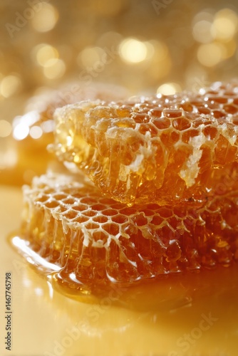 Honeycomb pieces stacked with syrupy drips, golden background bokeh lighting