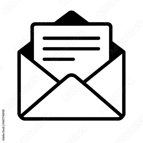 Black Outline Open Envelope with Letter. Graphic Element Vector Icon Representing Mail, Message, or Correspondence.