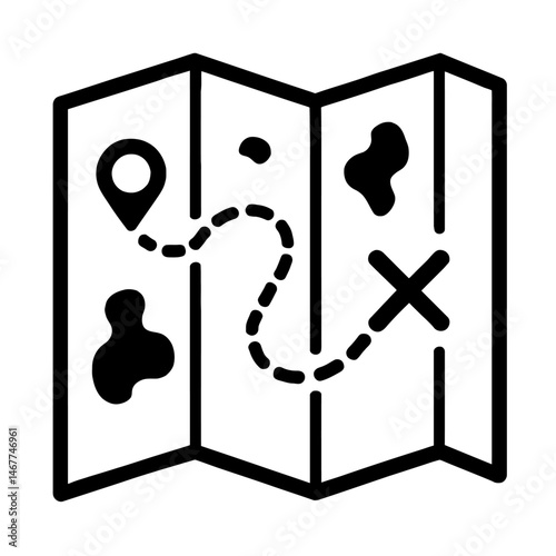 Black Outline Map with Route and Destination. Graphic Element Vector Icon Representing Travel, Navigation, or Journey.