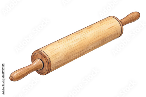 Isolated on white, this brown wooden rolling pin is a vintage kitchen tool for baking and rolling dough