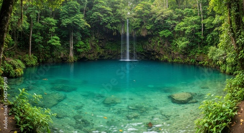Waterfall cascading into a tranquil pool. Lush forest surrounds