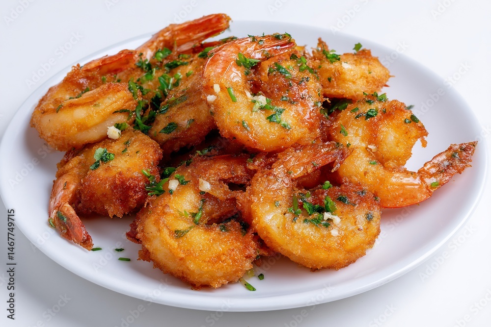 Appetizing fried shrimp with seasoning and herbs displayed on a white plate Appetizing fried shrimp with seasoning and herbs displayed on a white plate