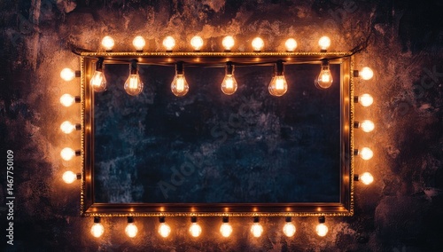 Vintage makeup mirror with warm Edison bulbs.  A framed mirror, lit by vintage-style bulbs, against a textured dark background.  The frame is ornate and golden, the bulbs creating a warm glow