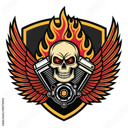 Design a biker badge featuring a flaming skull integrated into a detailed engine, adorned with dramatic wings.  High detail, dark and gritty style.