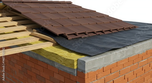 The image showcases a roof's construction with green insulation nestled between wooden beams, covered by a black membrane and brown tiles.