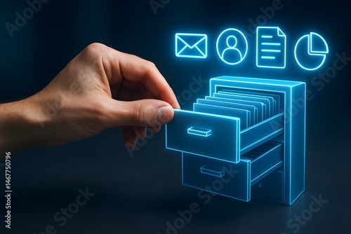 A user’s fingers interact with a 3D digital filing cabinet interface floating above their hand. Concept of intuitive records management and secure archiving.