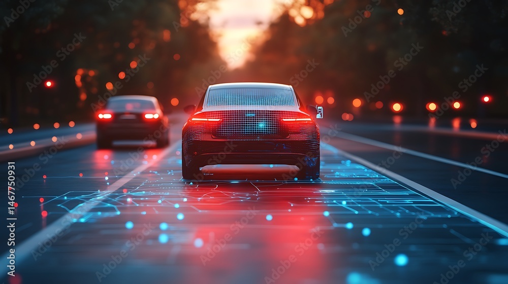 Futuristic Car with Digital Navigation on Rainy Street Futuristic Car with Digital Navigation on Rainy Street