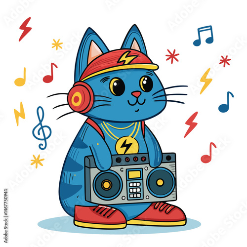 A cool cartoon cat beatboxing, its chest a speaker blasting music notes. Vibrant, playful style.