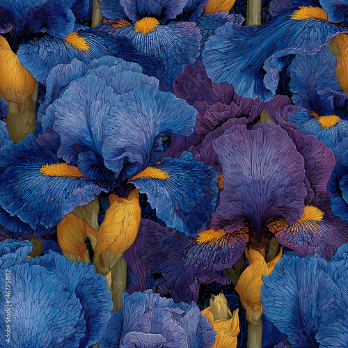 Detailed Illustration of Vibrant Blue and Purple Iris Flowers in Full Bloom

