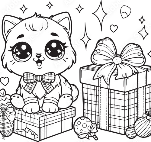 Kitten on gift boxes, surrounded by floating hearts. flower