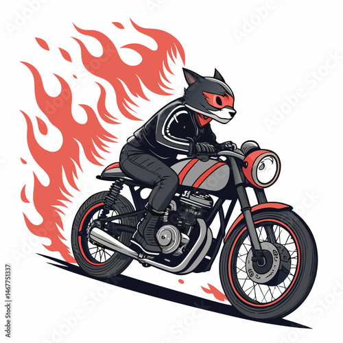 A cool cat biker, wearing goggles, revving a vintage cafe racer motorcycle engulfed in flames.  Intense action shot.