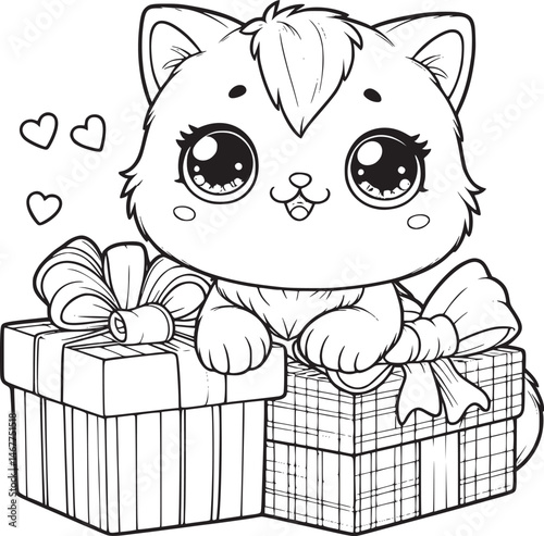 Kitten on gift boxes, surrounded by floating hearts. flower