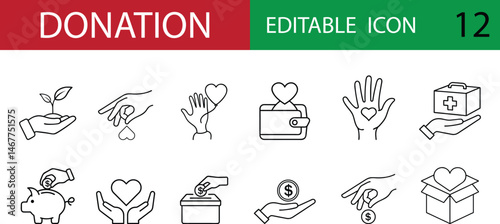 Editable donation icon set with 12 clean line art designs featuring hands, hearts, coins, and charity symbols. Ideal for charity, fundraising, giving, and humanitarian concepts.