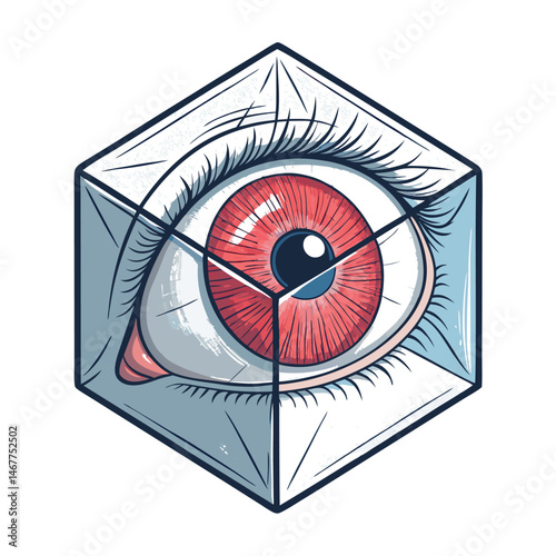 Render a hyperrealistic image of a bloodshot human eye encased within a clear, flawless crystal cube, set against a stark white background.  Reflect realism and surrealism.