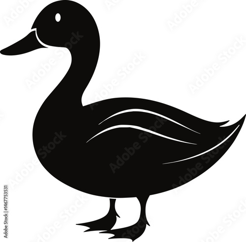 black and white silhouette of a duck  ,Silhouette of a duck in profile, black and white vector. Ideal for farm animal art, 