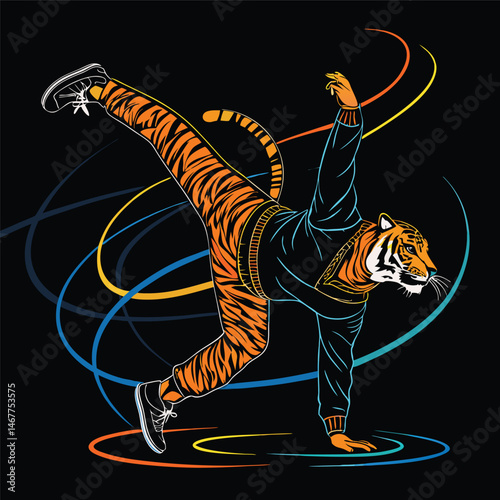 A majestic tiger, flawlessly executing a dynamic one-paw spin breakdance move, illuminated by vibrant stage lights.  Focus on the tiger's athleticism and the dramatic lighting.