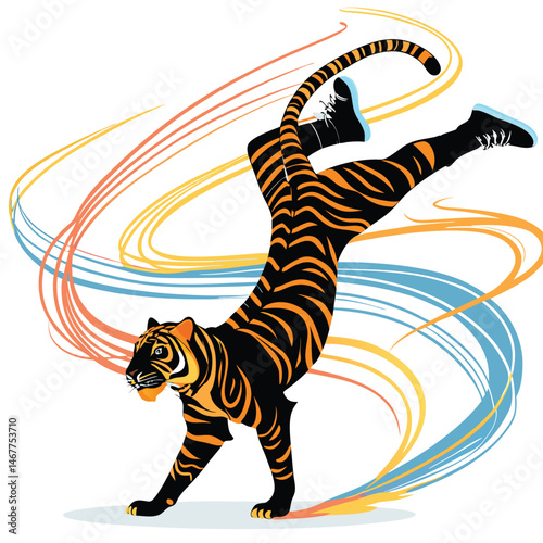 A majestic tiger, powerfully breakdancing, spins effortlessly on one paw amidst a vibrant, swirling light show.
